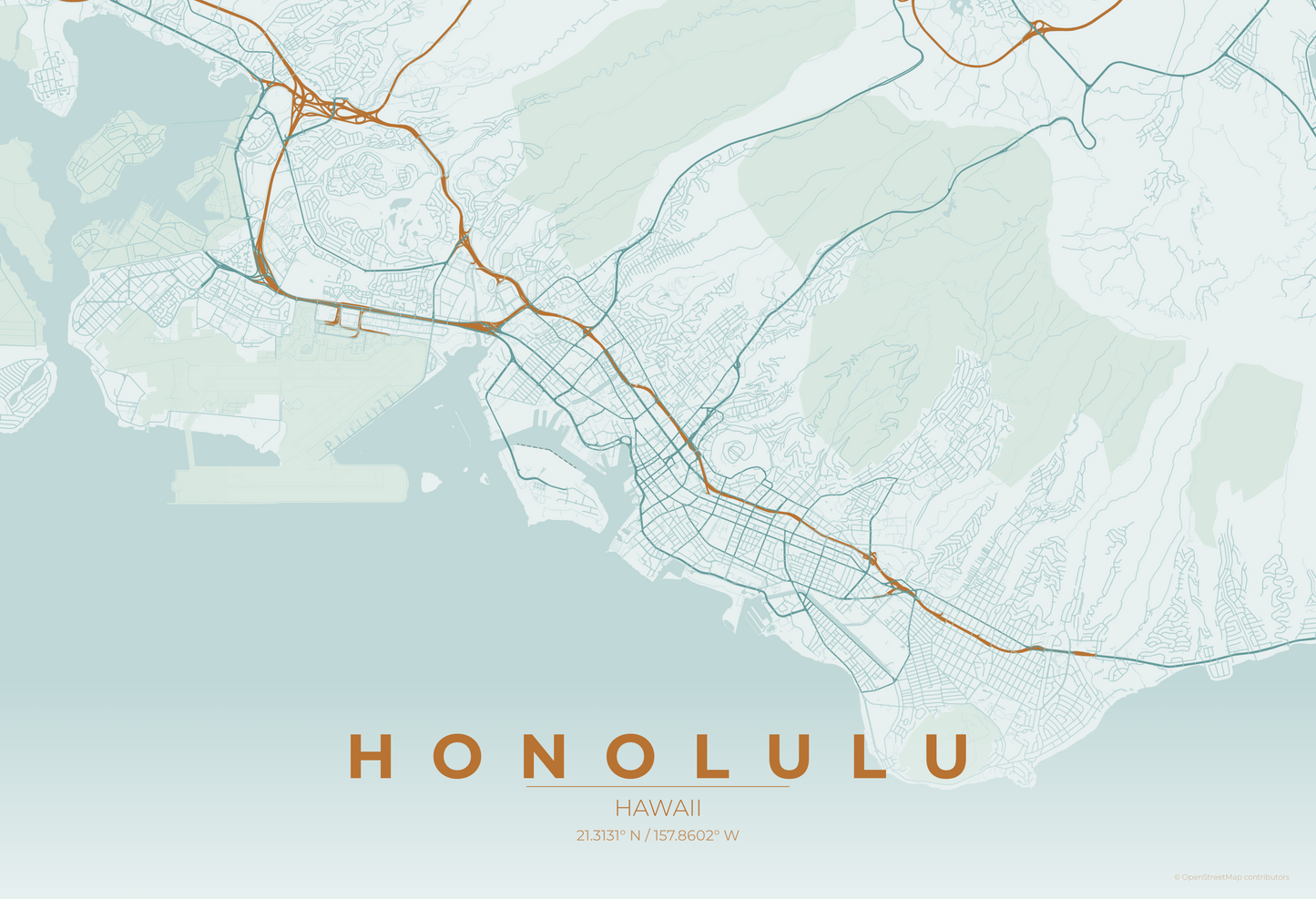 Honolulu — Copper Patina Map Print