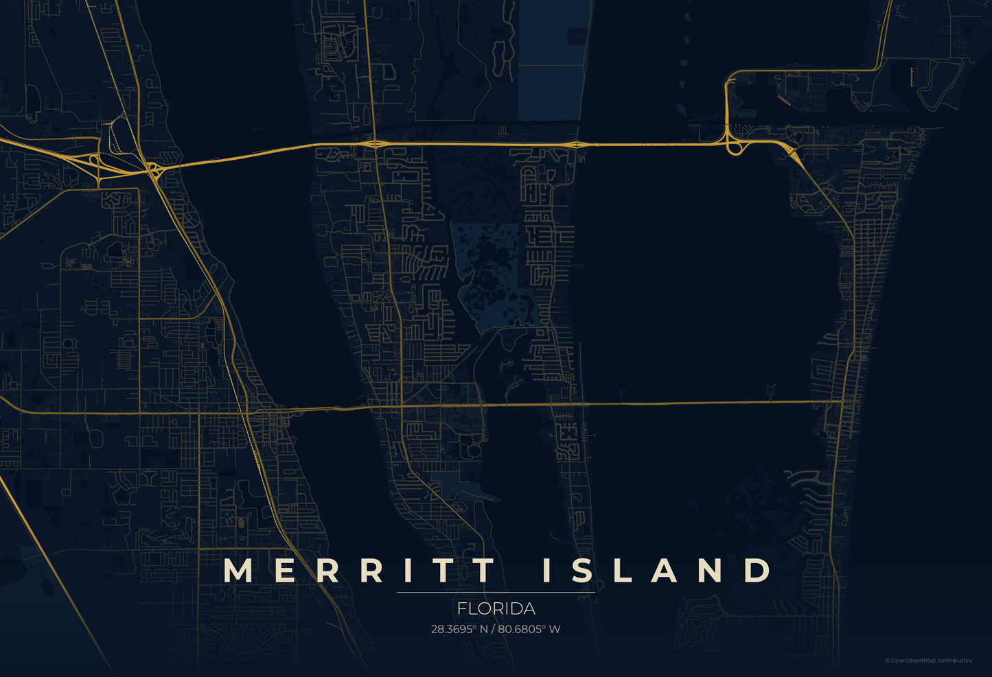 Merritt Island — Midnight Blue Map Print