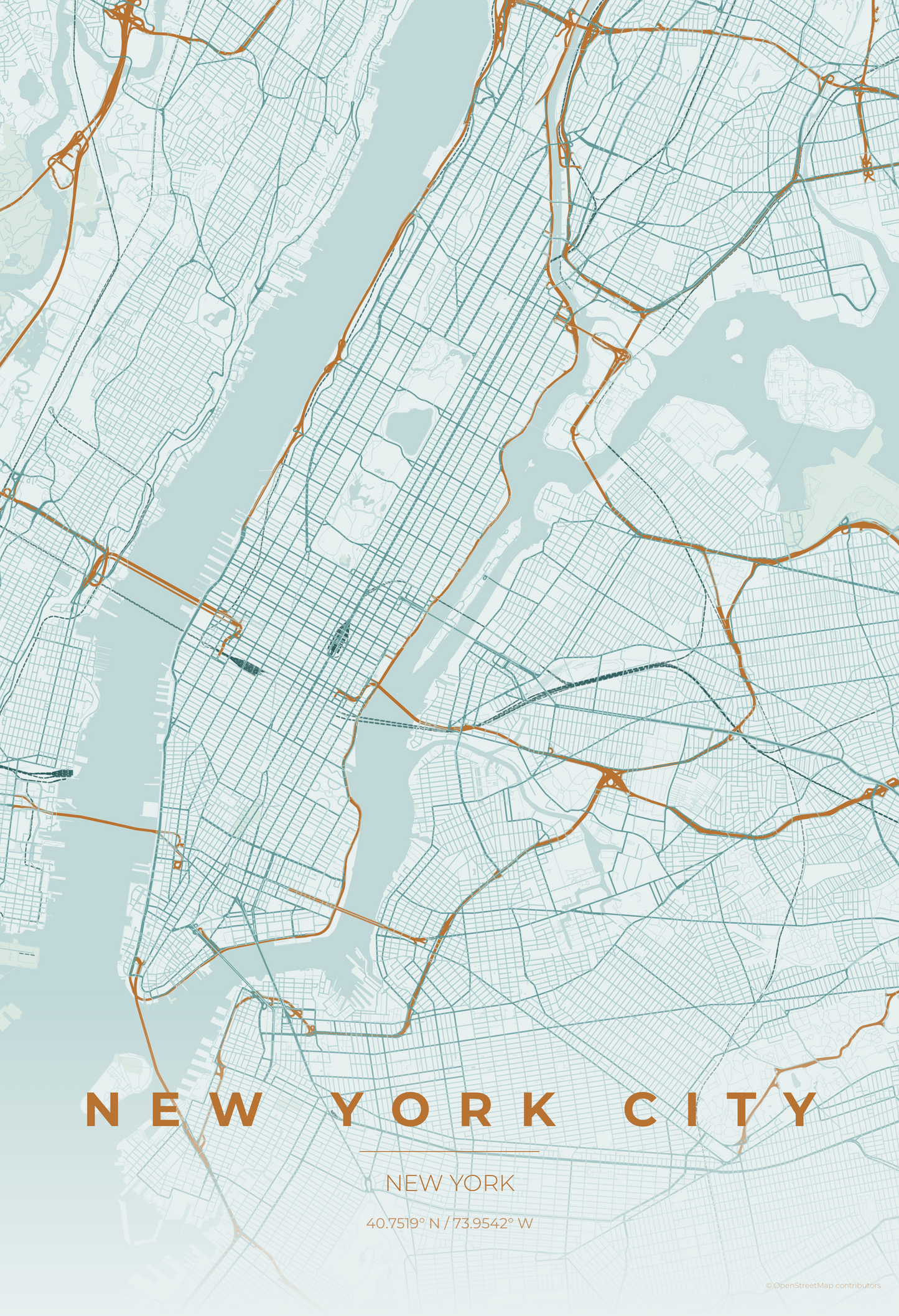 New York City — Copper Patina Map Print