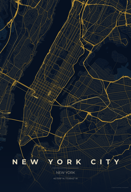 New York City — Midnight Blue Map Print