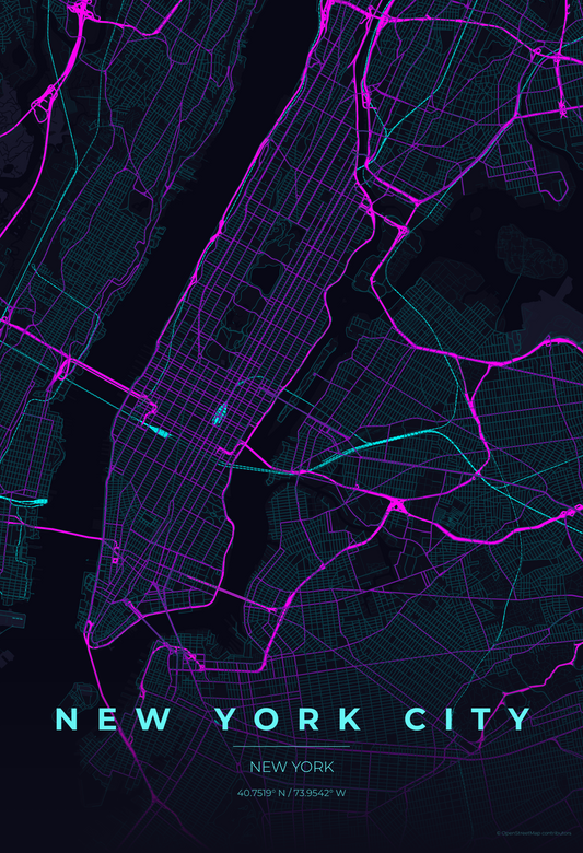 New York City — Neon Cyberpunk Map Print