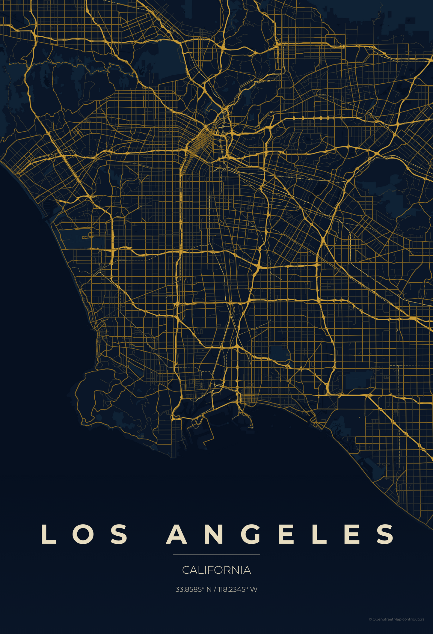 Los Angeles — Midnight Blue Map Print