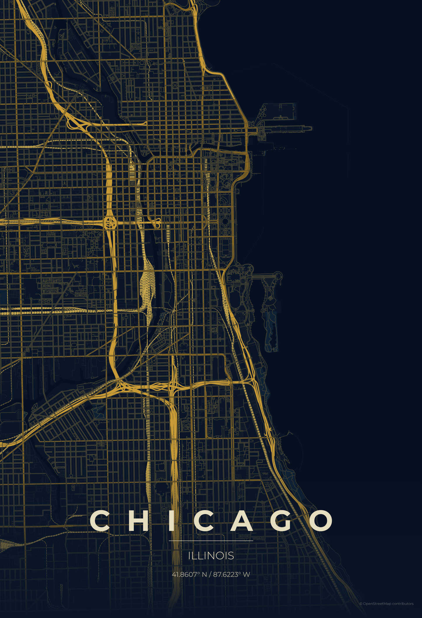 Chicago — Midnight Blue Map Print