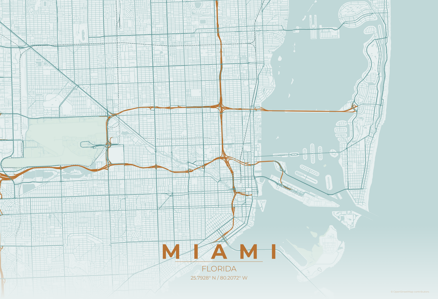 Miami — Copper Patina Map Print