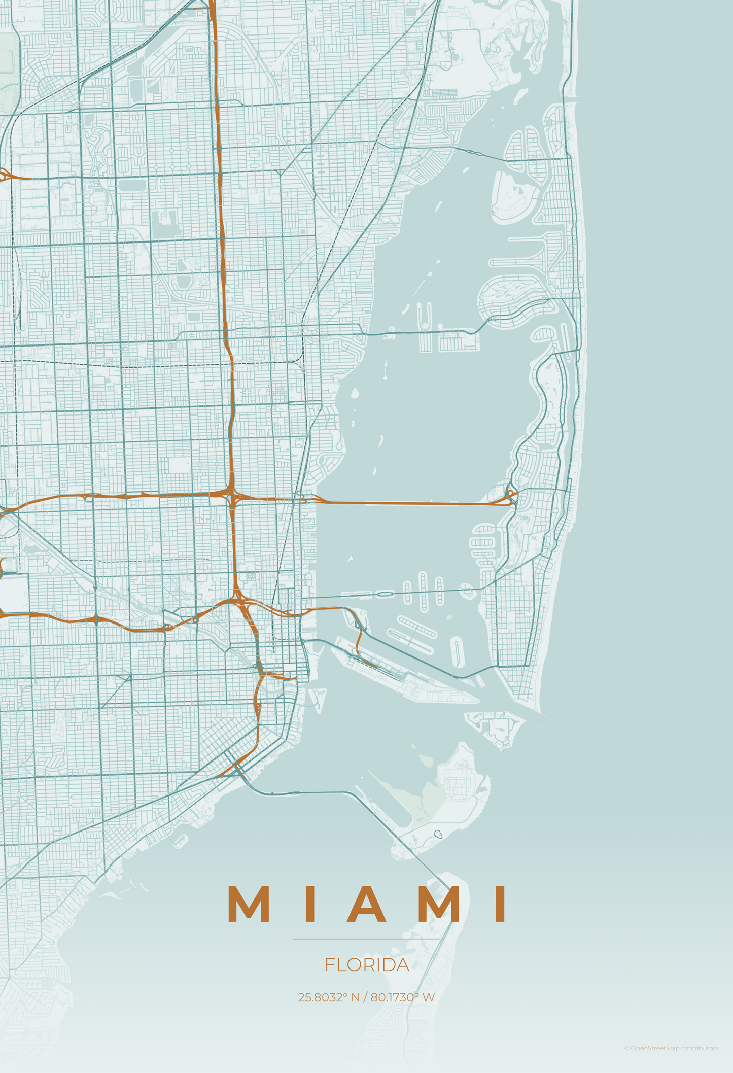 Miami — Copper Patina Map Print