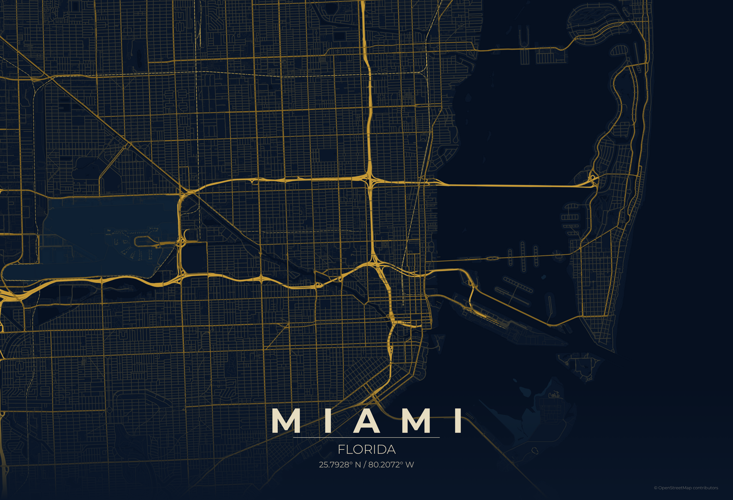 Miami — Midnight Blue Map Print