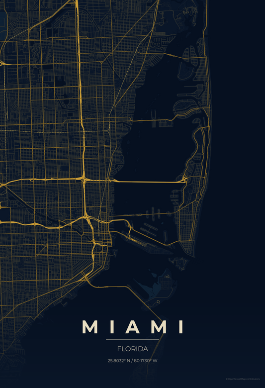 Miami — Midnight Blue Map Print