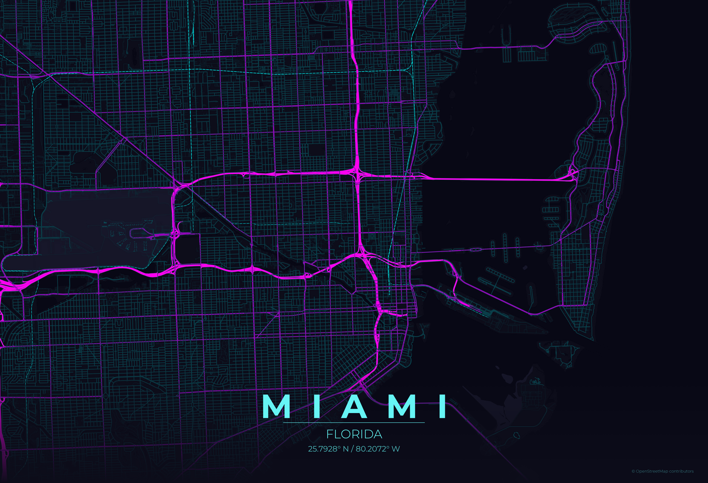 Miami — Neon Cyberpunk Map Print