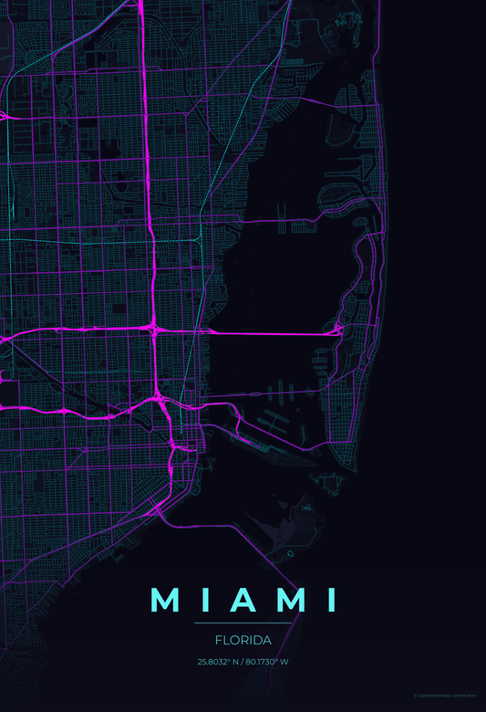 Miami — Neon Cyberpunk Map Print