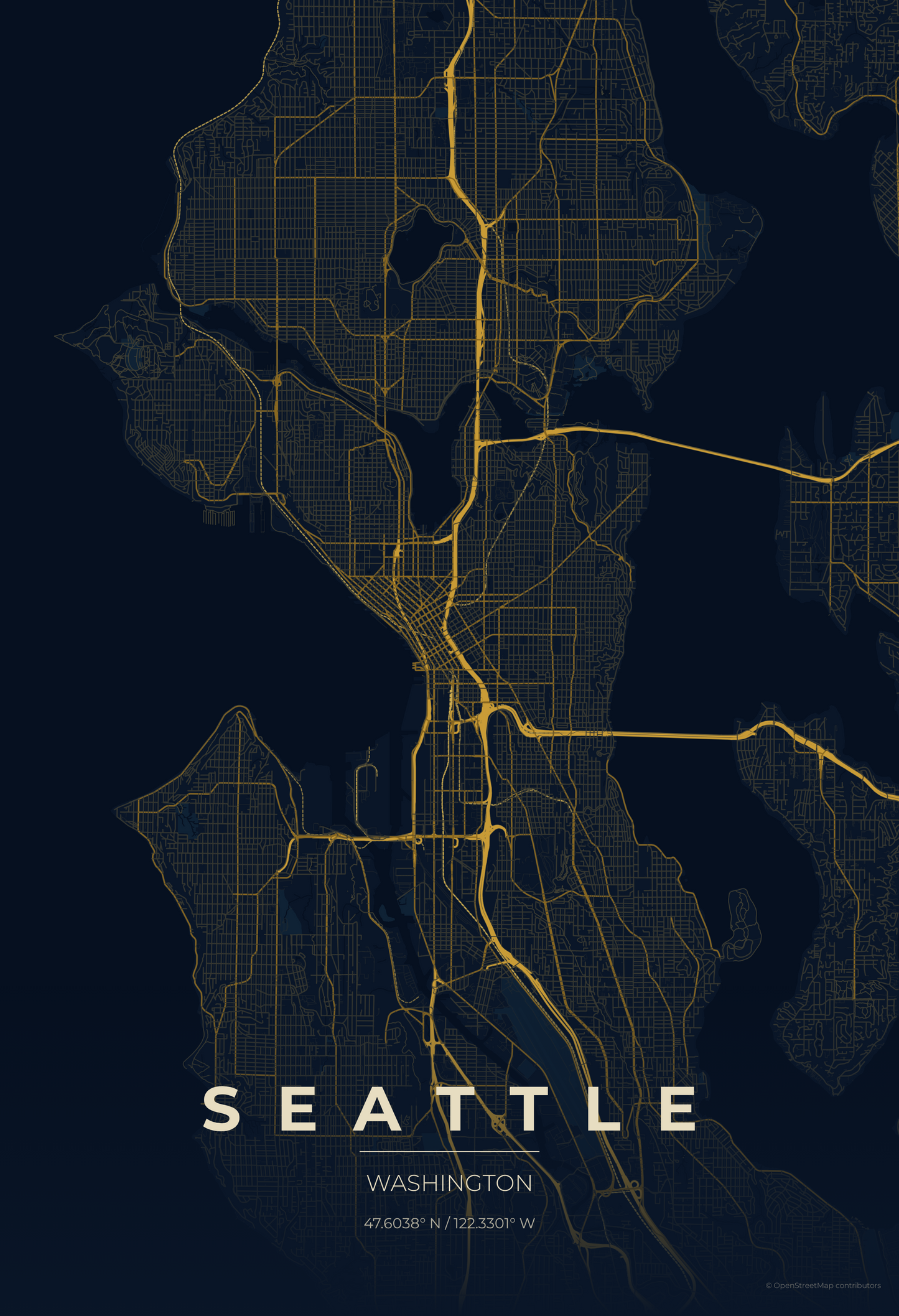Seattle — Midnight Blue Map Print