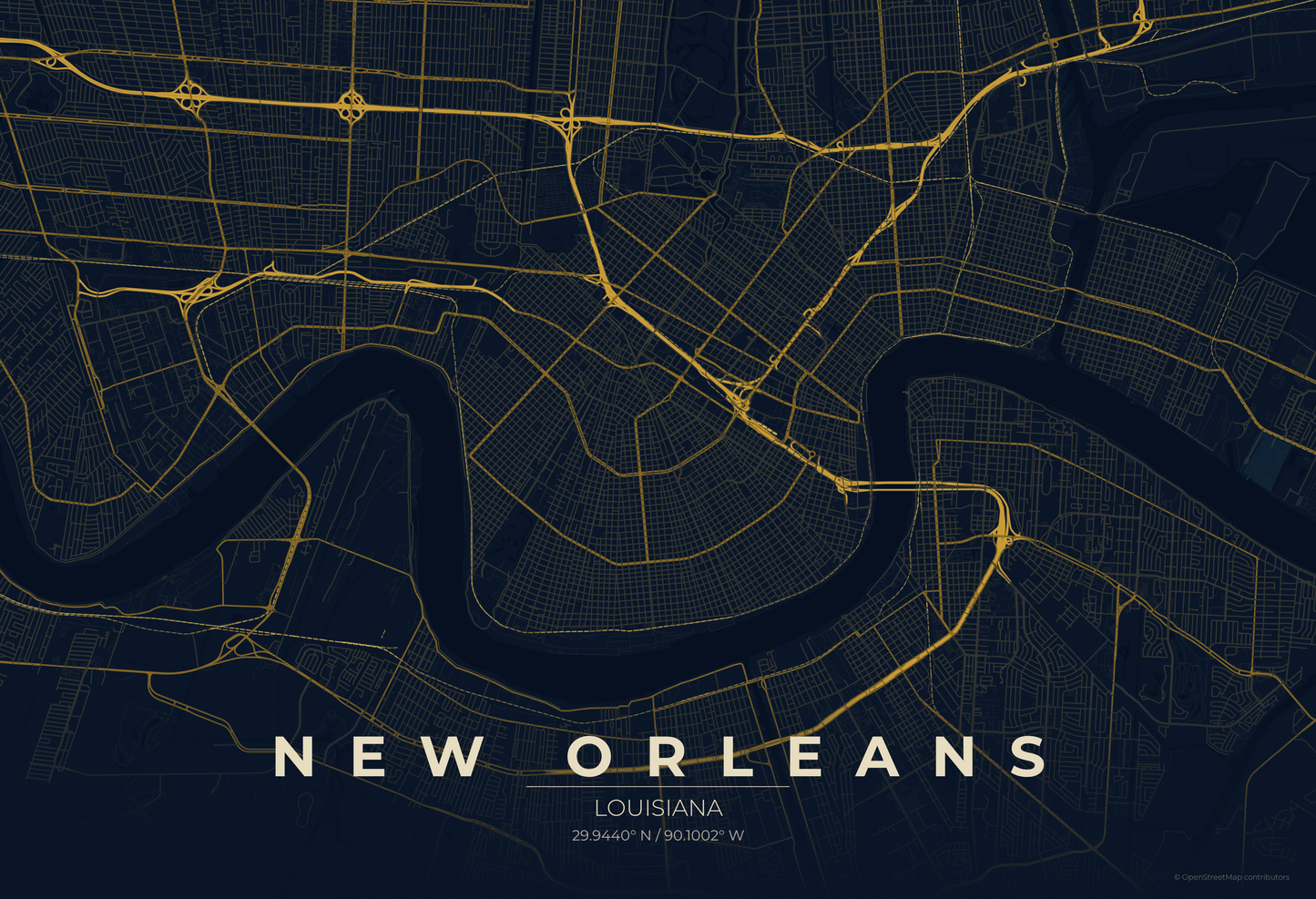 New Orleans — Midnight Blue Map Print