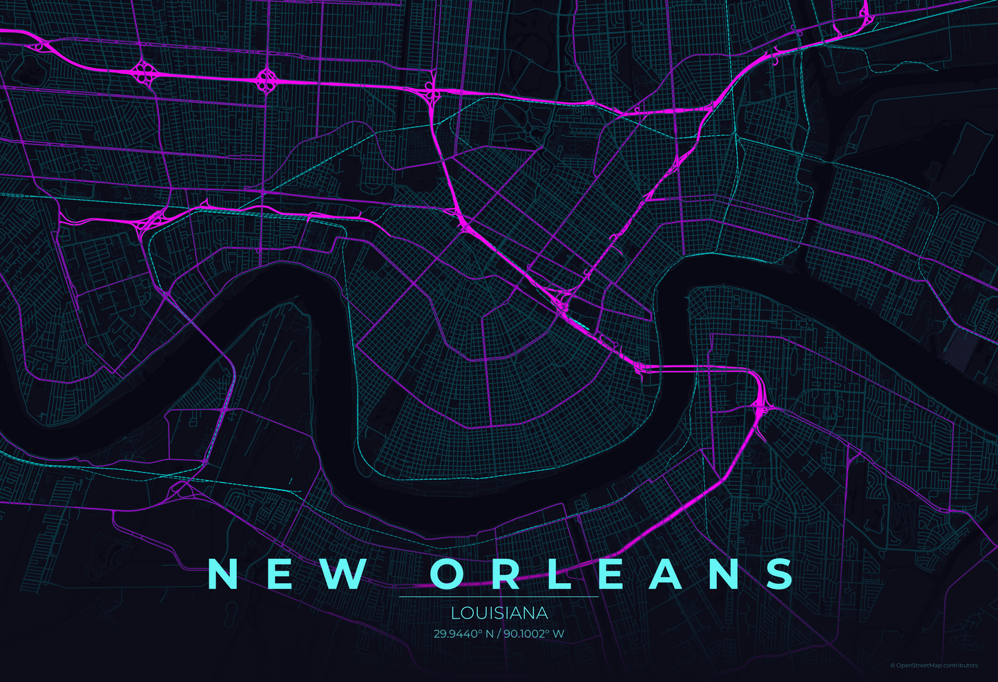 New Orleans — Neon Cyberpunk Map Print