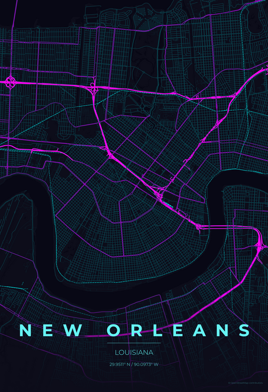 New Orleans — Neon Cyberpunk Map Print