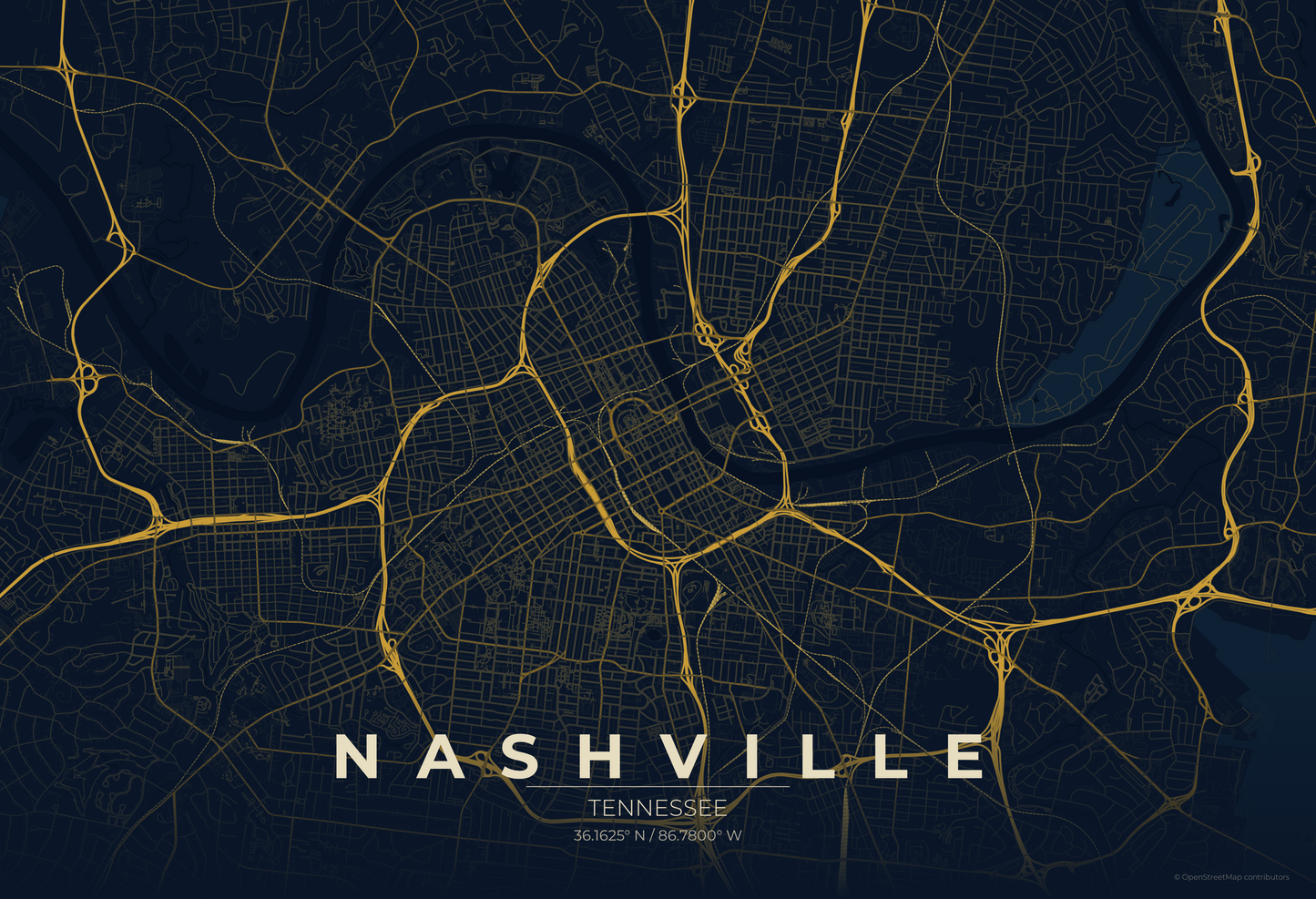 Nashville — Midnight Blue Map Print