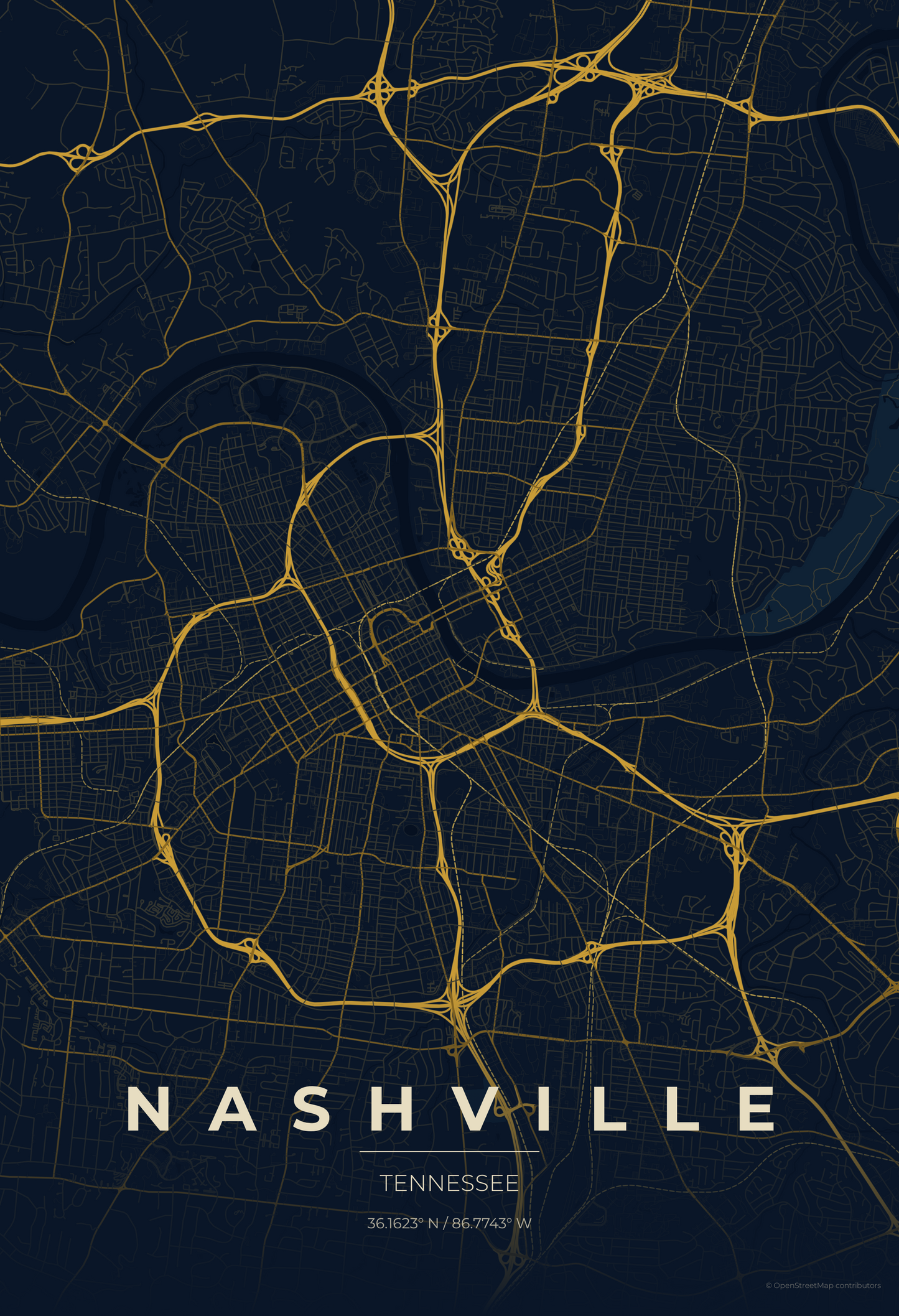 Nashville — Midnight Blue Map Print