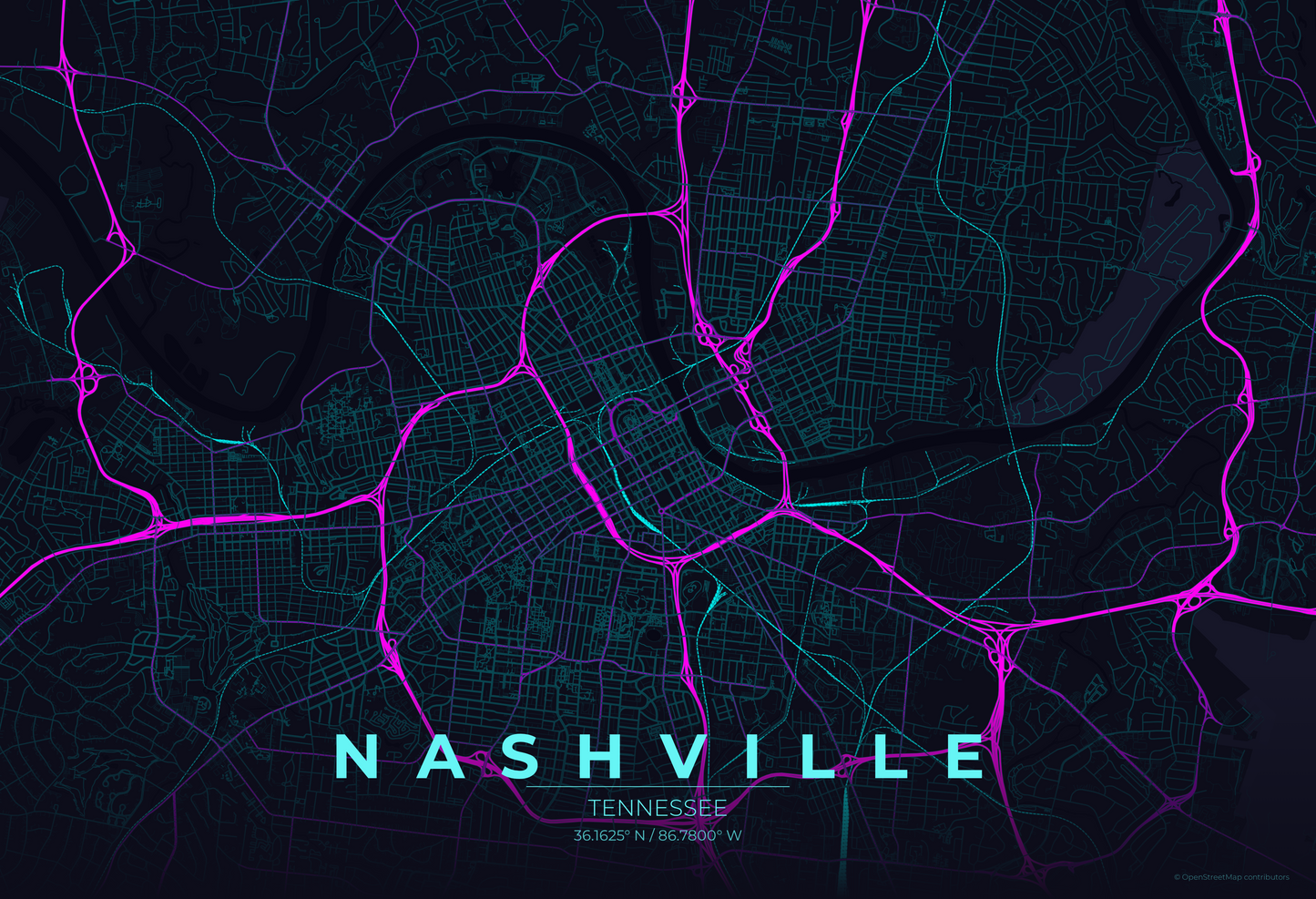 Nashville — Neon Cyberpunk Map Print