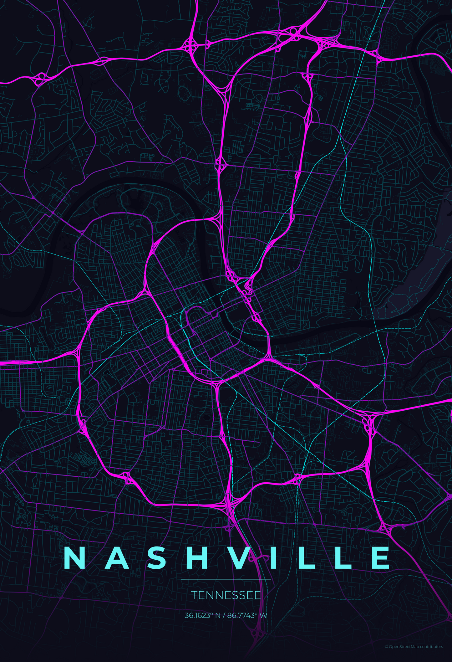 Nashville — Neon Cyberpunk Map Print