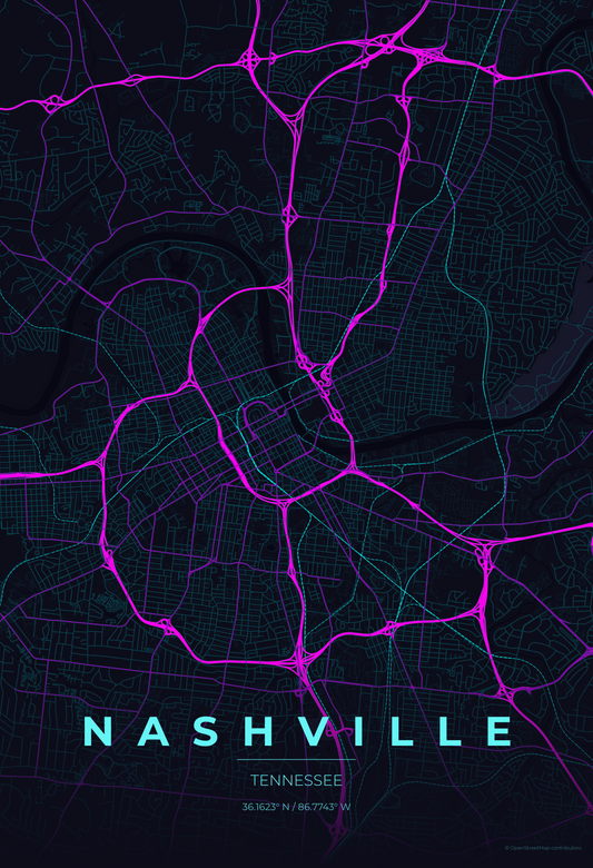 Nashville — Neon Cyberpunk Map Print