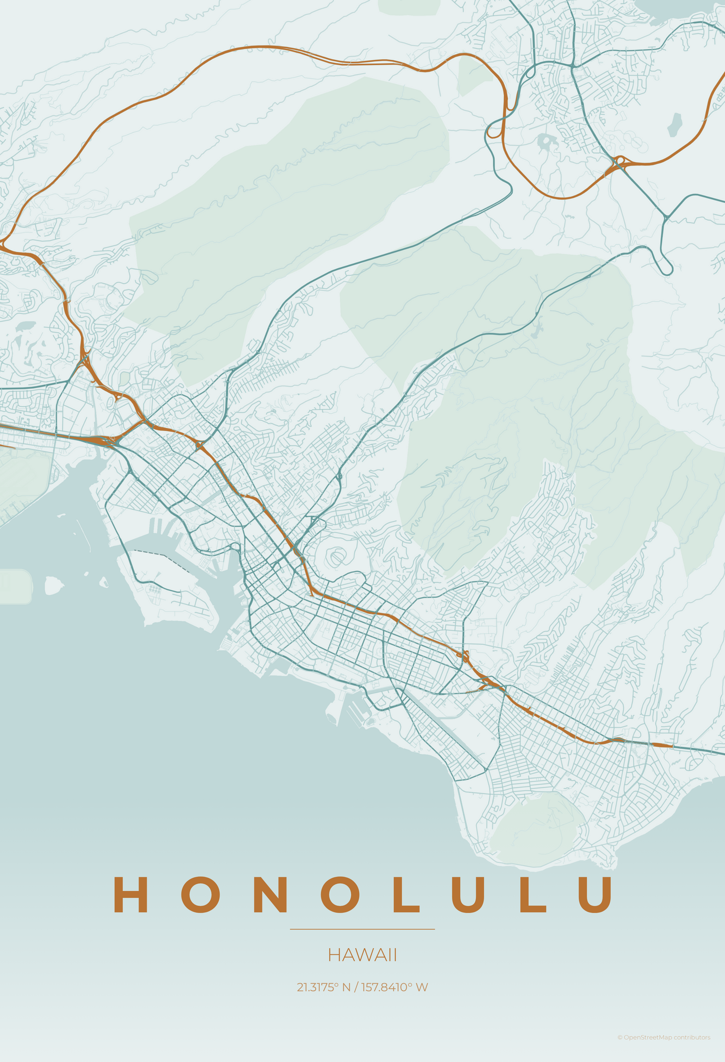 Honolulu — Copper Patina Map Print
