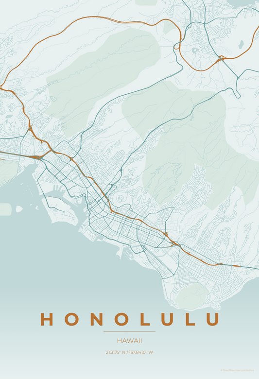 Honolulu — Copper Patina Map Print
