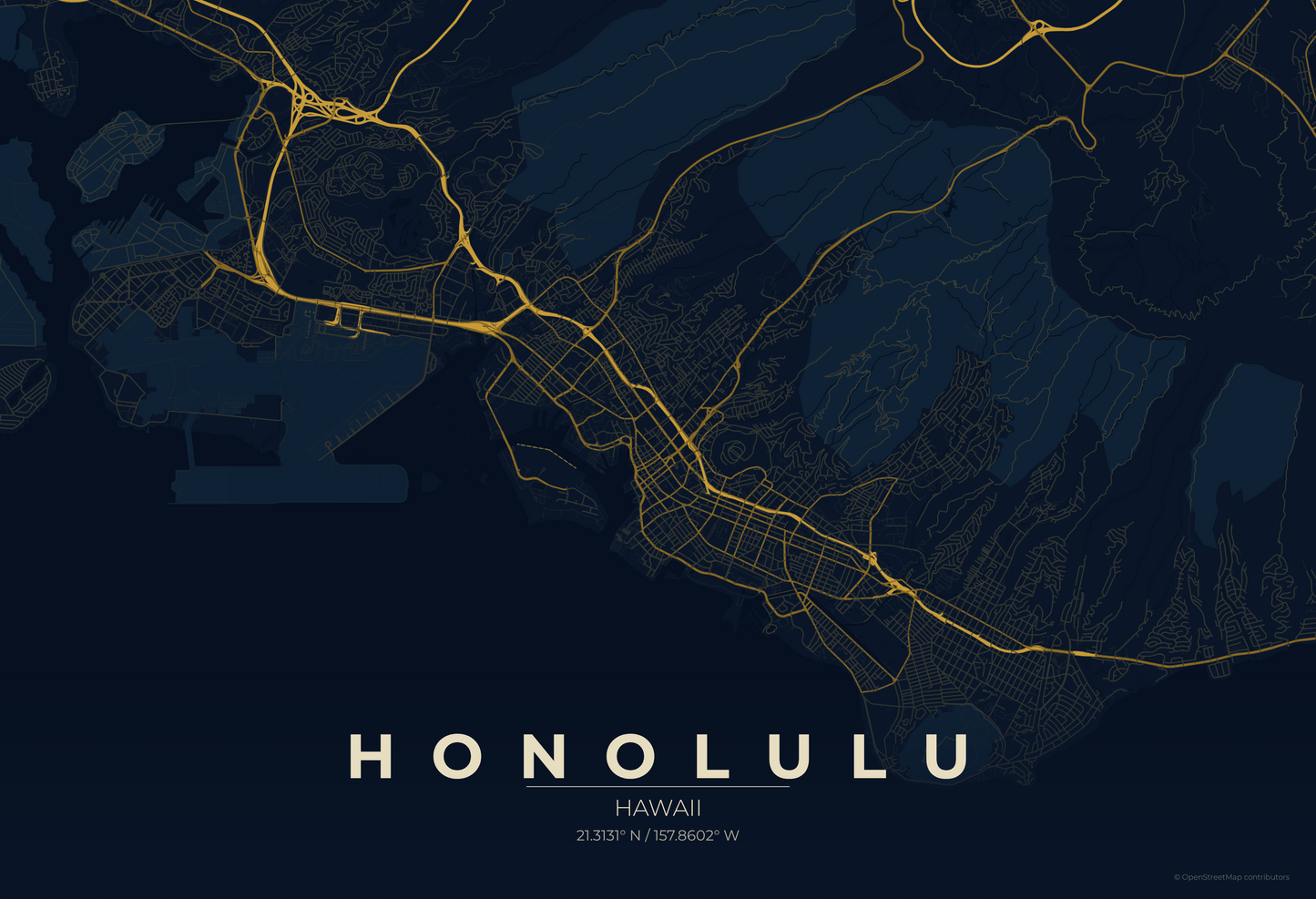 Honolulu — Midnight Blue Map Print