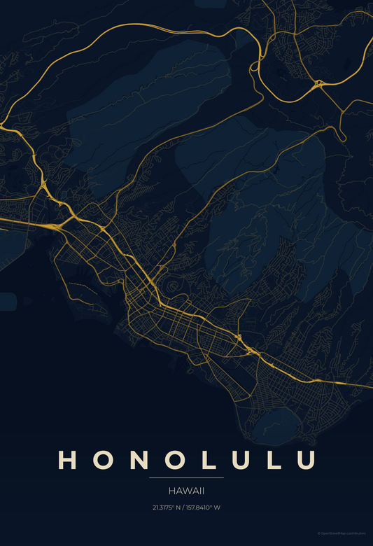 Honolulu — Midnight Blue Map Print
