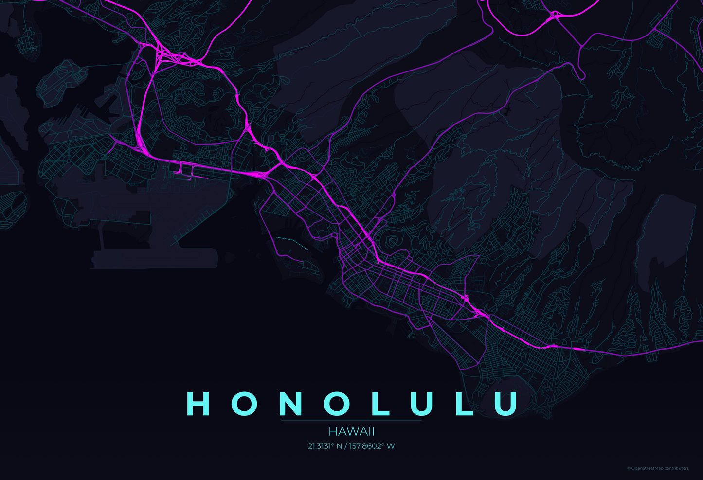 Honolulu — Neon Cyberpunk Map Print