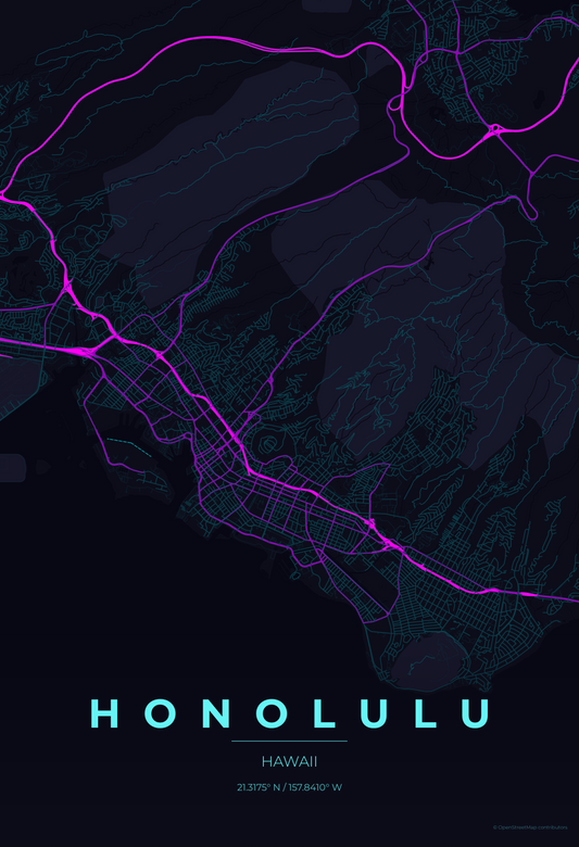 Honolulu — Neon Cyberpunk Map Print