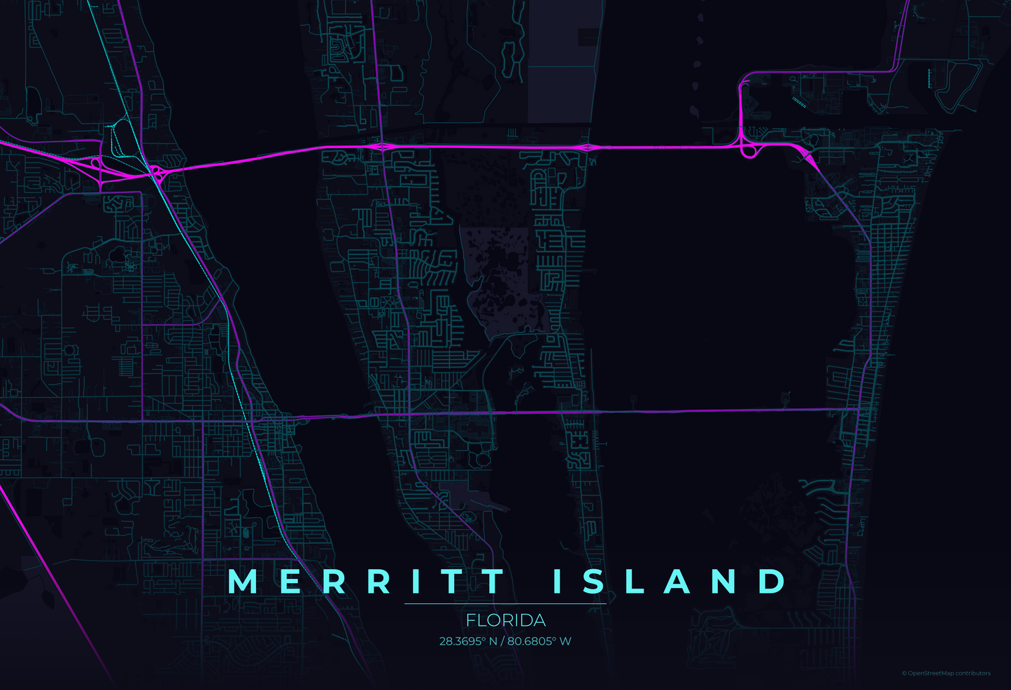 Merritt Island — Neon Cyberpunk Map Print