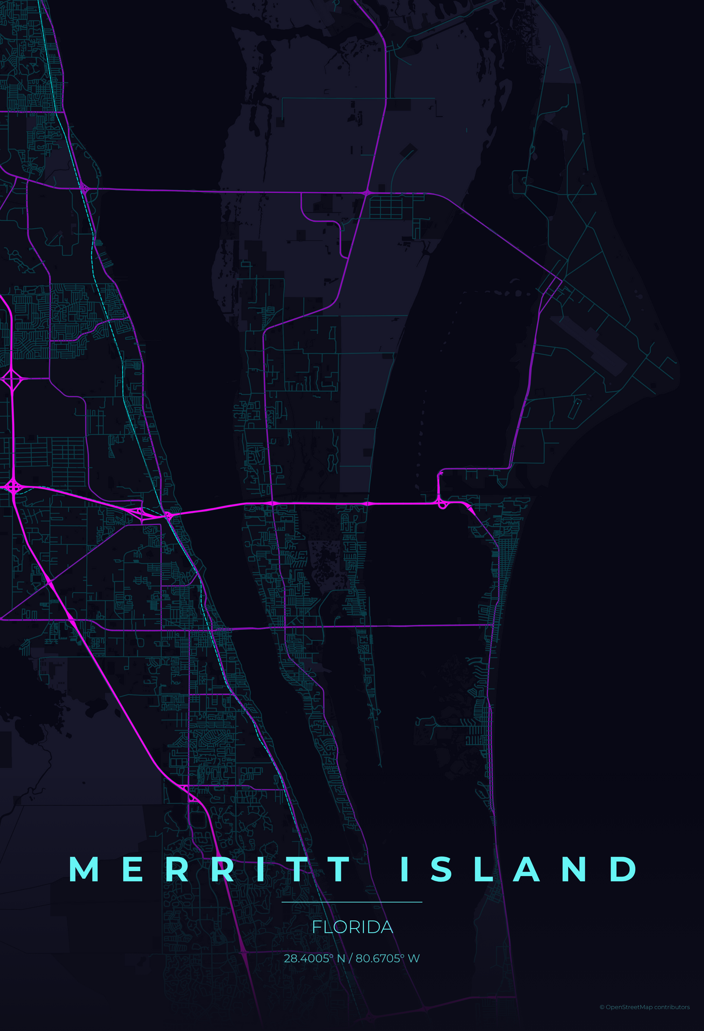 Merritt Island — Neon Cyberpunk Map Print