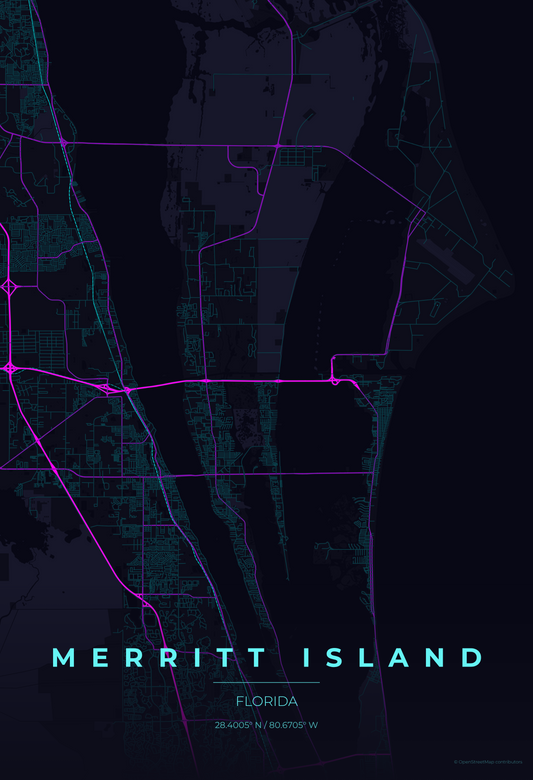 Merritt Island — Neon Cyberpunk Map Print